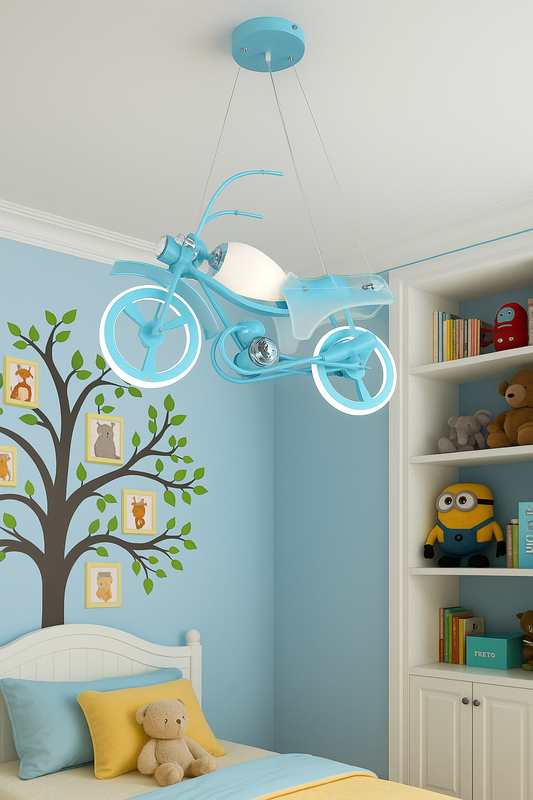 Hdc Blue Motorcycle Kids Pendant Light – Creative Bike-Shaped Hanging Lamp for Boys Room | LED Light Fixture for Nursery, Bedroom, or Playroom | Whimsical Decor
