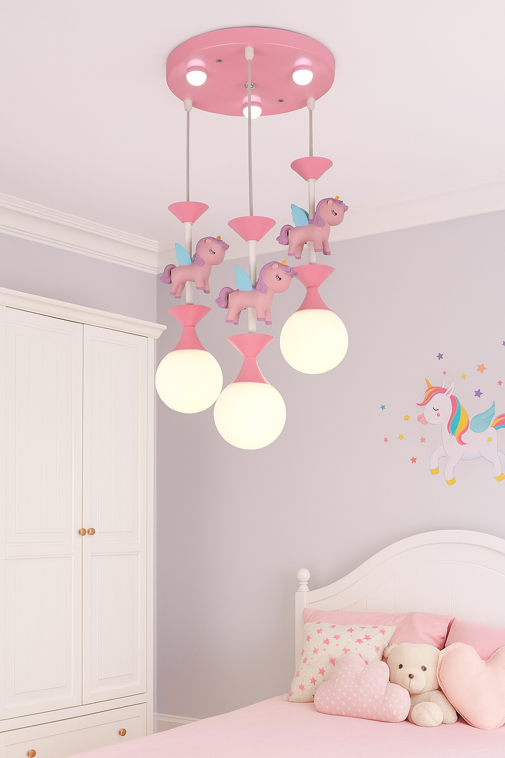 Hdc Whimsical Unicorn Chandelier for Kids Room – 3-Light Pink Pendant Light with LED Globes & Cute Flying Unicorns | Perfect for Girls’ Bedroom, Nursery, or Playroom Decor