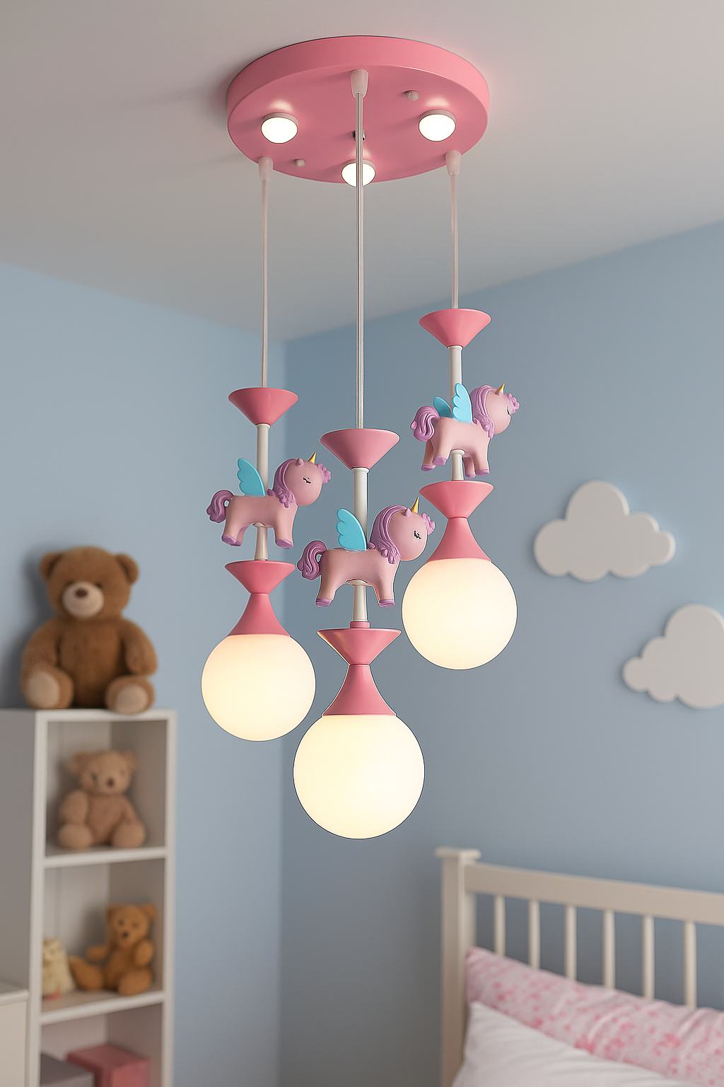 Hdc Whimsical Unicorn Chandelier for Kids Room – 3-Light Pink Pendant Light with LED Globes & Cute Flying Unicorns | Perfect for Girls’ Bedroom, Nursery, or Playroom Decor