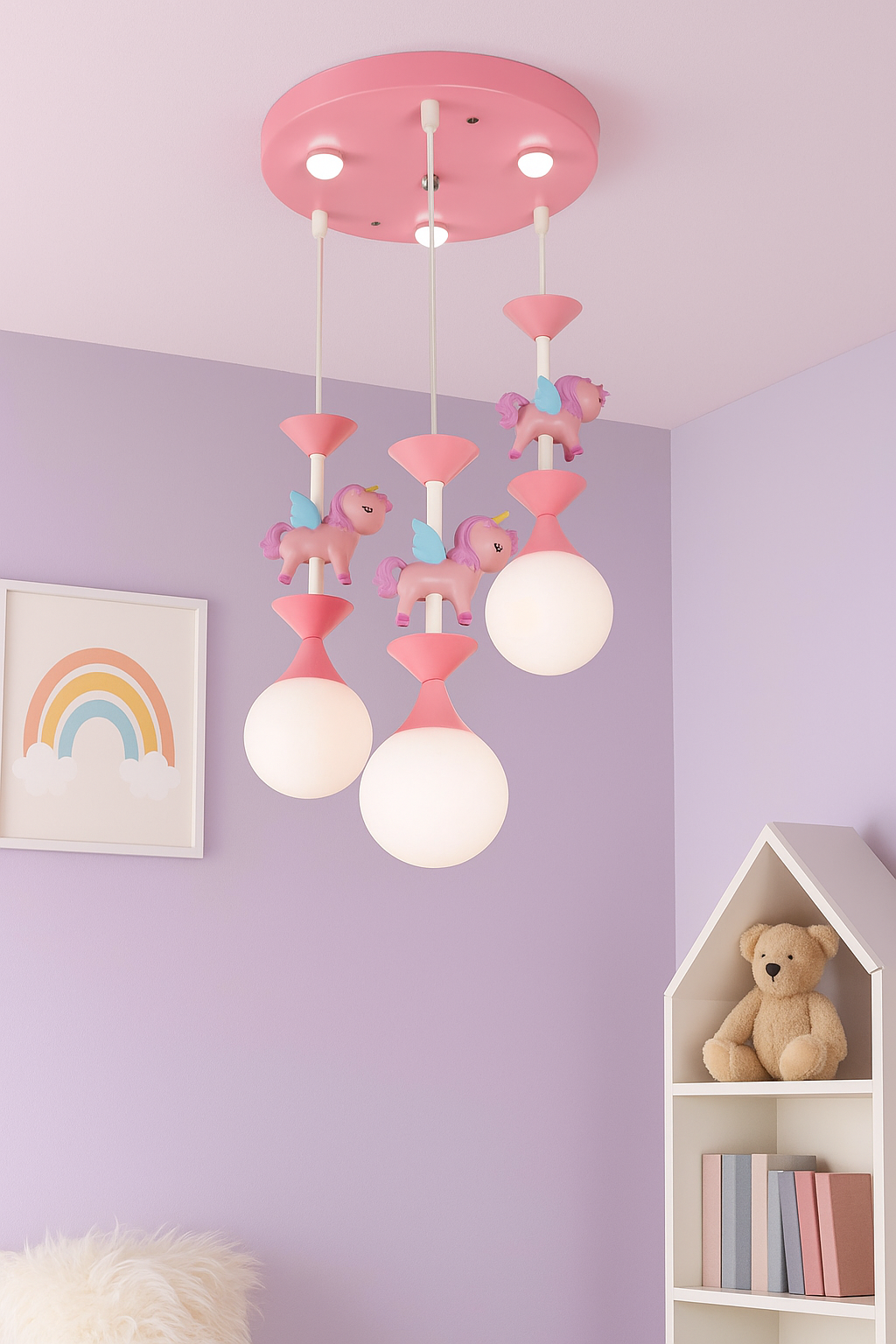Hdc Whimsical Unicorn Chandelier for Kids Room – 3-Light Pink Pendant Light with LED Globes & Cute Flying Unicorns | Perfect for Girls’ Bedroom, Nursery, or Playroom Decor