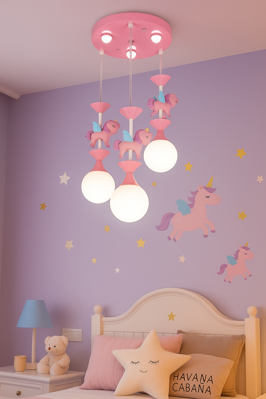 Hdc Whimsical Unicorn Chandelier for Kids Room – 3-Light Pink Pendant Light with LED Globes & Cute Flying Unicorns | Perfect for Girls’ Bedroom, Nursery, or Playroom Decor