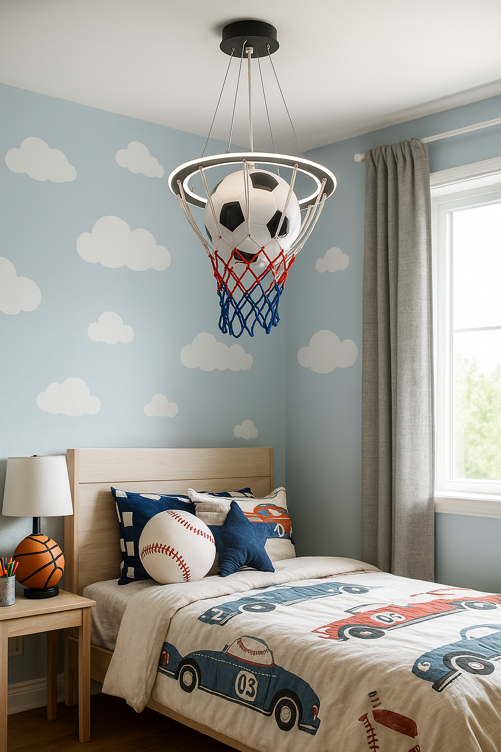 Hdc Soccer Hoop Kids Ceiling Light – LED Pendant Light in Basketball Net Design with Soccer Ball Shade | Fun Ceiling Fixture for Sports-Themed Bedroom or Playroom