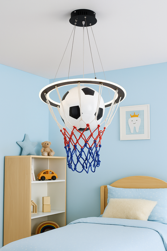 Hdc Soccer Hoop Kids Ceiling Light – LED Pendant Light in Basketball Net Design with Soccer Ball Shade | Fun Ceiling Fixture for Sports-Themed Bedroom or Playroom
