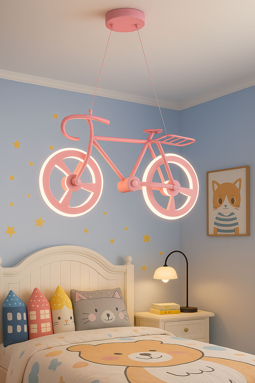 Hdc Kids Bicycle Ceiling Light Modern LED Hanging Pendant Fixture for Girls Bedroom Creative Bike-Themed Light with Glowing Wheel Rings Perfect