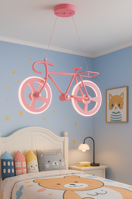 Hdc Kids Bicycle Ceiling Light Modern LED Hanging Pendant Fixture for Girls Bedroom | Creative Bike-Themed Light with Glowing Wheel Rings | Perfect for Playroom, Study Area, or Nursery