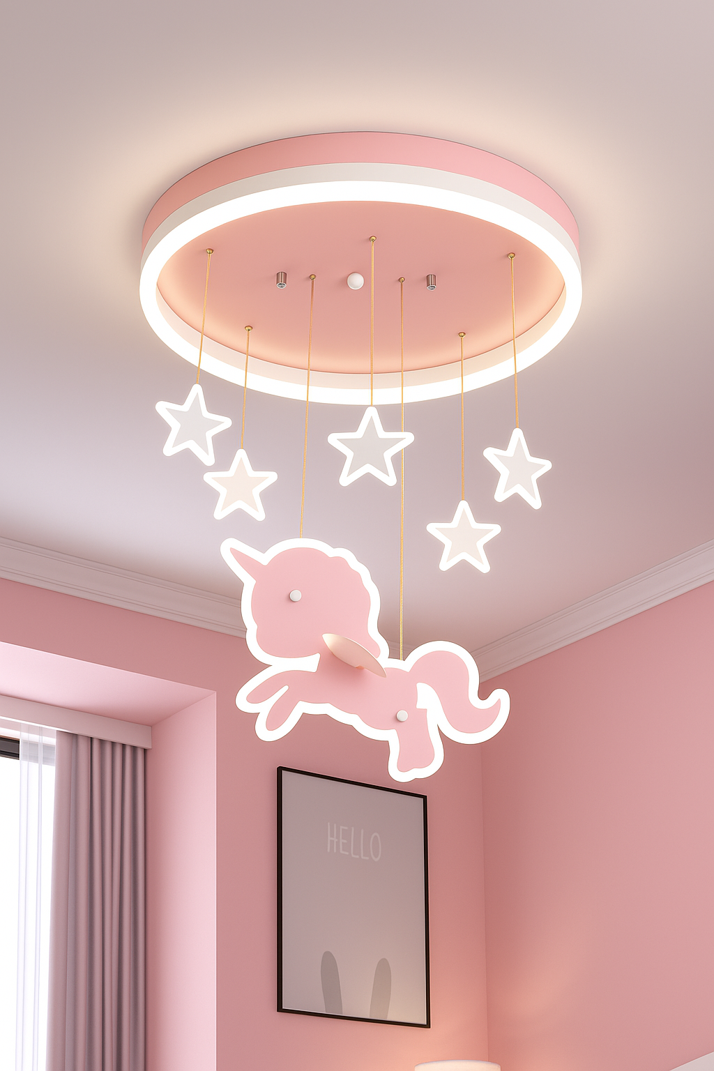 Hdc Unicorn & Stars LED Ceiling Light – Pink Fantasy Glow Pendant Lamp for Girls’ Bedroom or Nursery | Whimsical Hanging Light Fixture