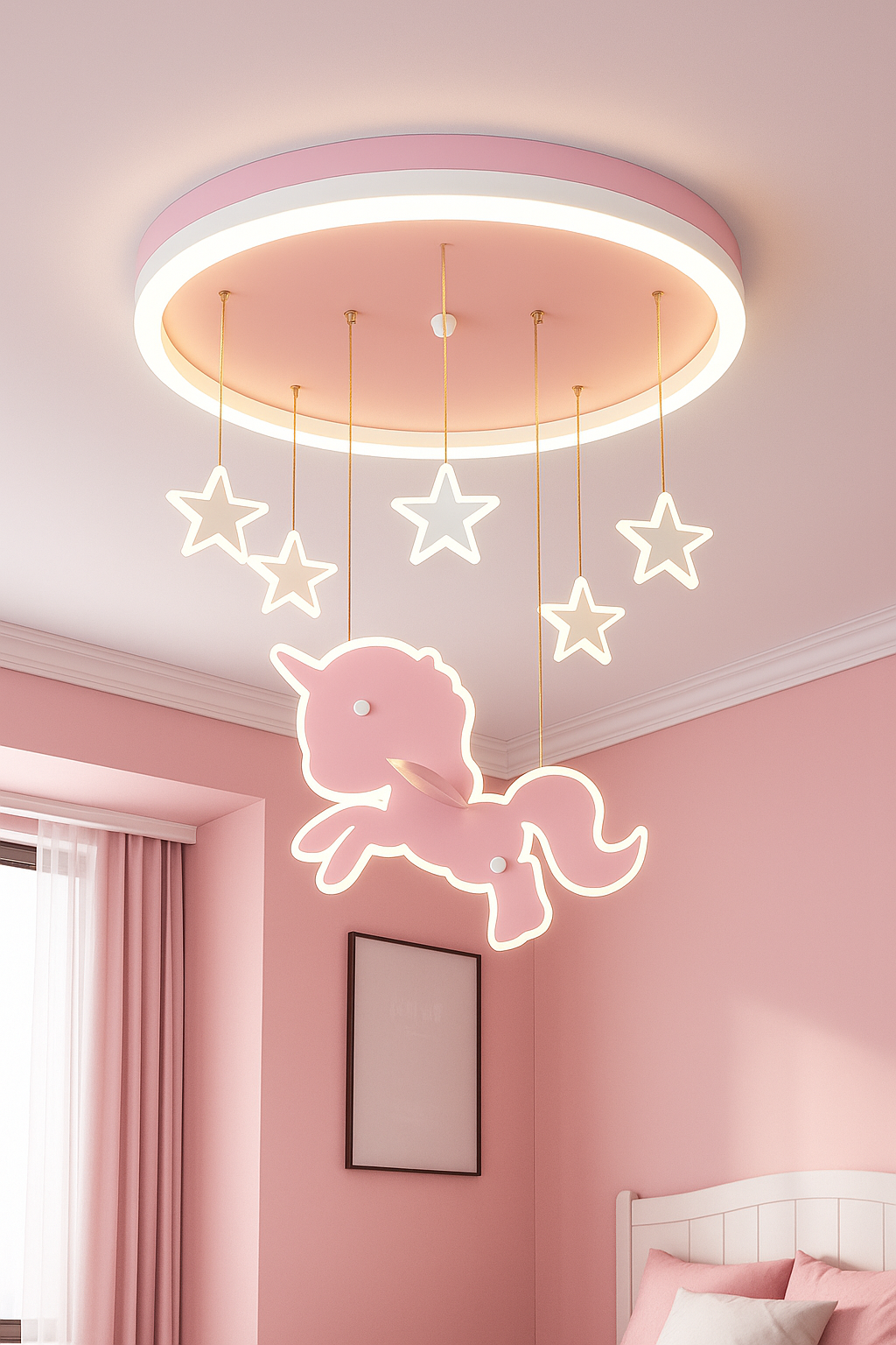 Hdc Unicorn & Stars LED Ceiling Light – Pink Fantasy Glow Pendant Lamp for Girls’ Bedroom or Nursery | Whimsical Hanging Light Fixture