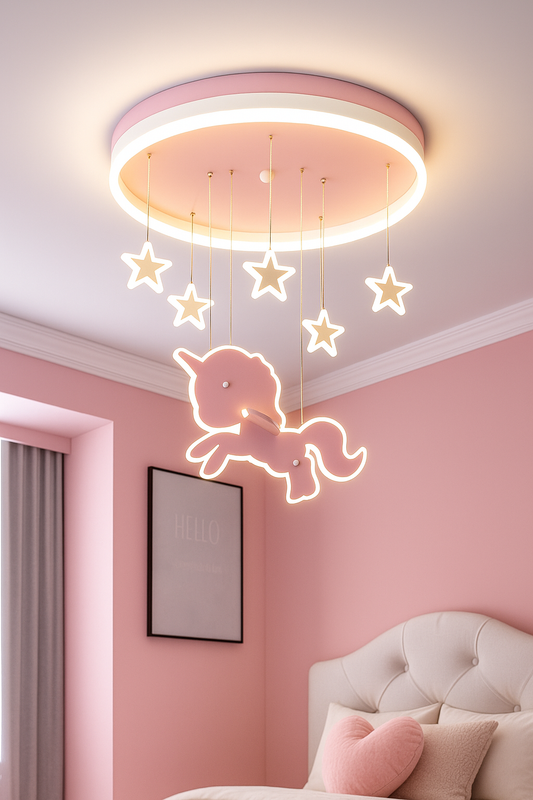 Hdc Unicorn & Stars LED Ceiling Light – Pink Fantasy Glow Pendant Lamp for Girls’ Bedroom or Nursery | Whimsical Hanging Light Fixture