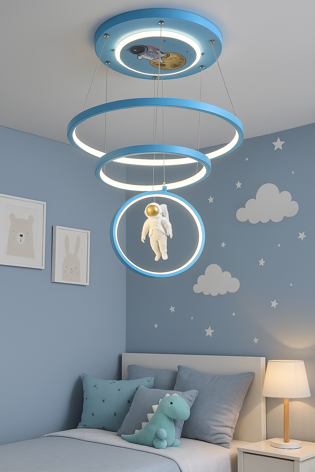 Hdc 3 Ring Blue Futuristic Astronaut Ring Ceiling Light – Space-Themed LED Pendant for Kids Room