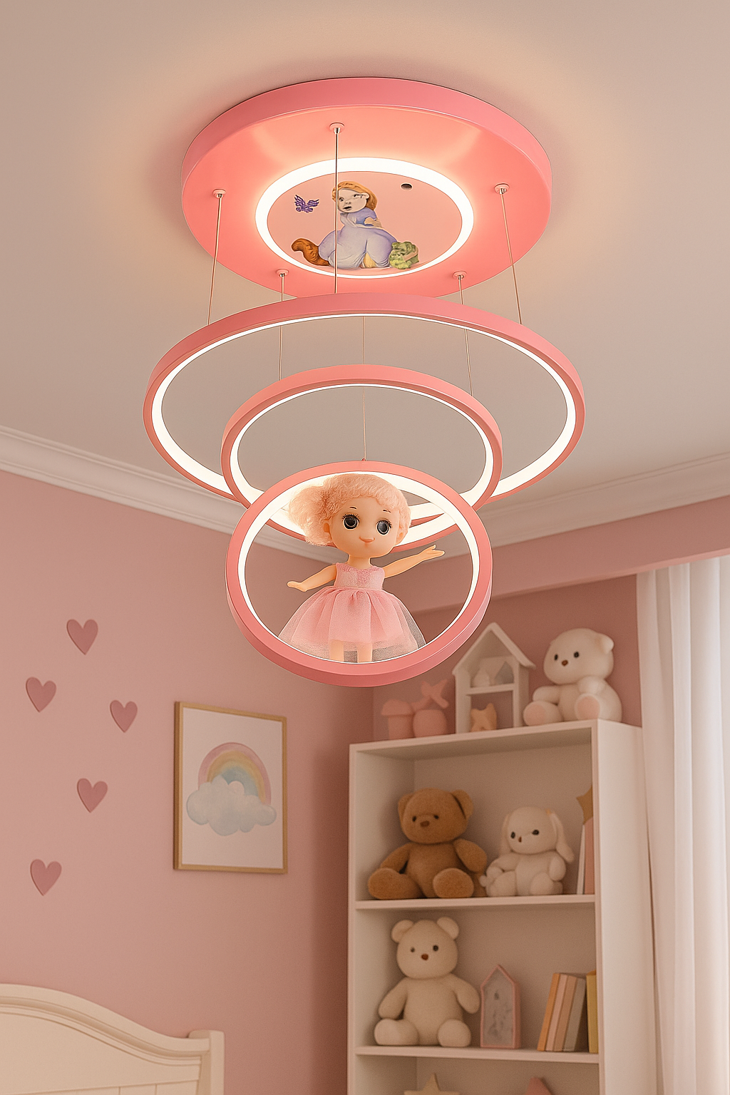 Hdc Pink Princess Doll Ring Ceiling Light – LED Pendant Lamp for Kids Room, Nursery & Playroom (3 Ring Design)