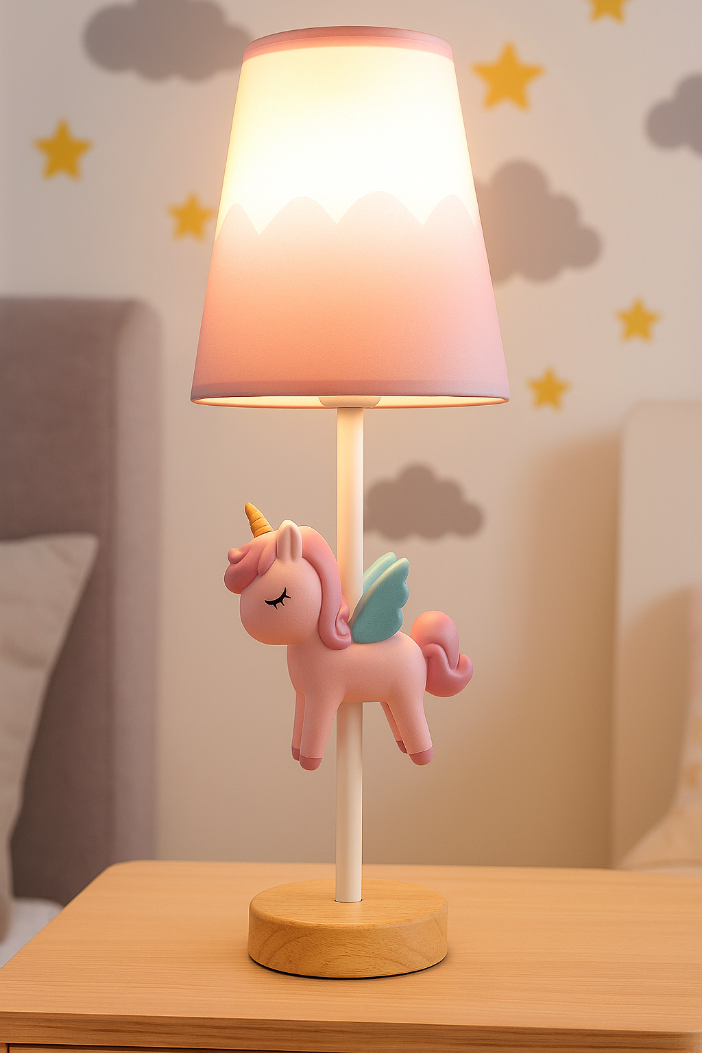 Hdc Unicorn Table Lamp for Kids – Cute Pink Night Light with Winged Unicorn & Wooden Base | Girls Room Bedside Lamp