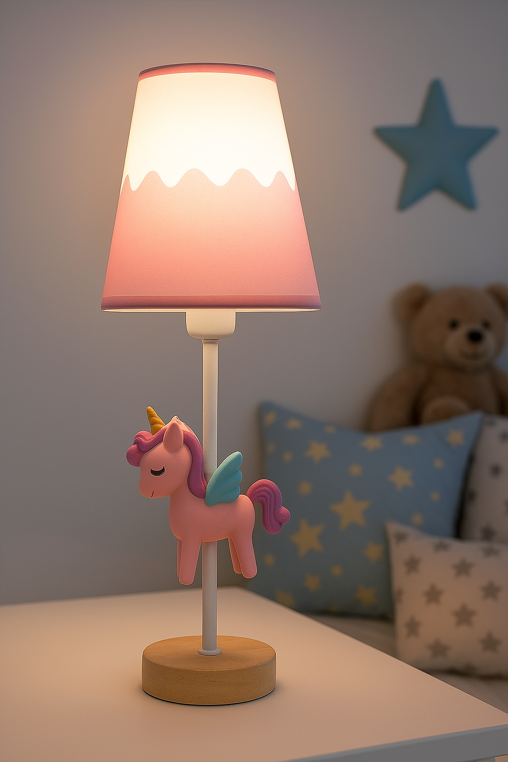 Hdc Unicorn Table Lamp for Kids – Cute Pink Night Light with Winged Unicorn & Wooden Base | Girls Room Bedside Lamp