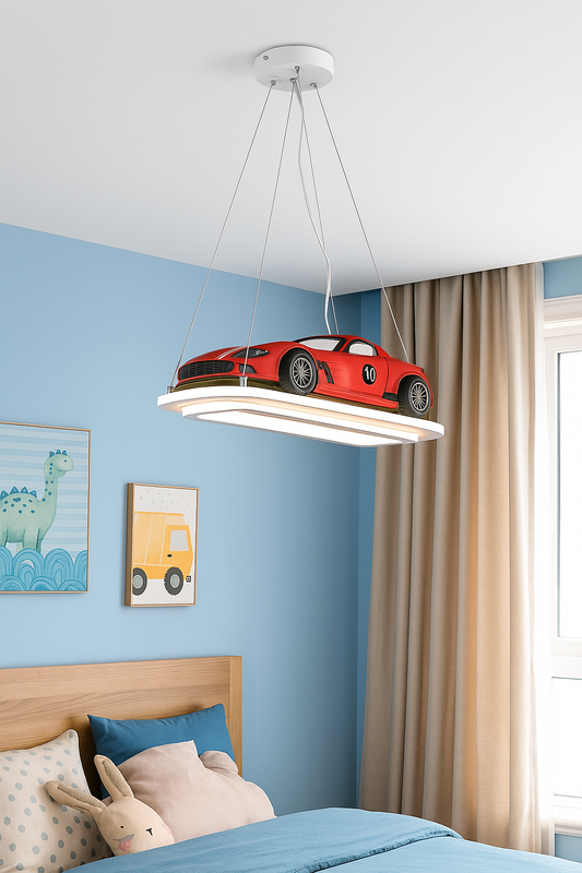 Hdc Red Sports Car LED Ceiling Light for Kids Bedroom – Modern Pendant Lamp for Boys Room & Playroom Decor