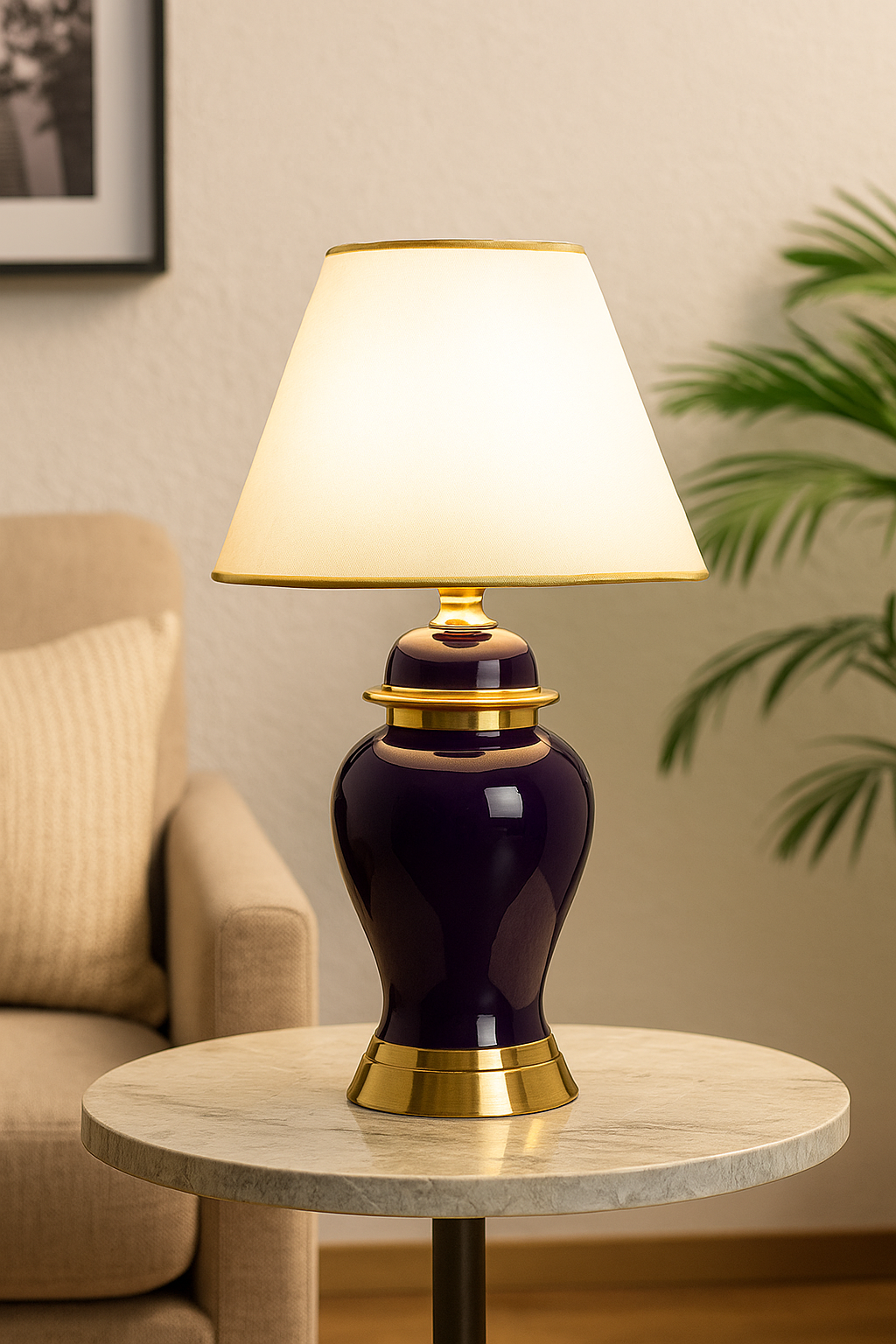 Hdc Lean Modern Purple Ceramic Nightstand Lamp With High-quality Fabric Lampshade