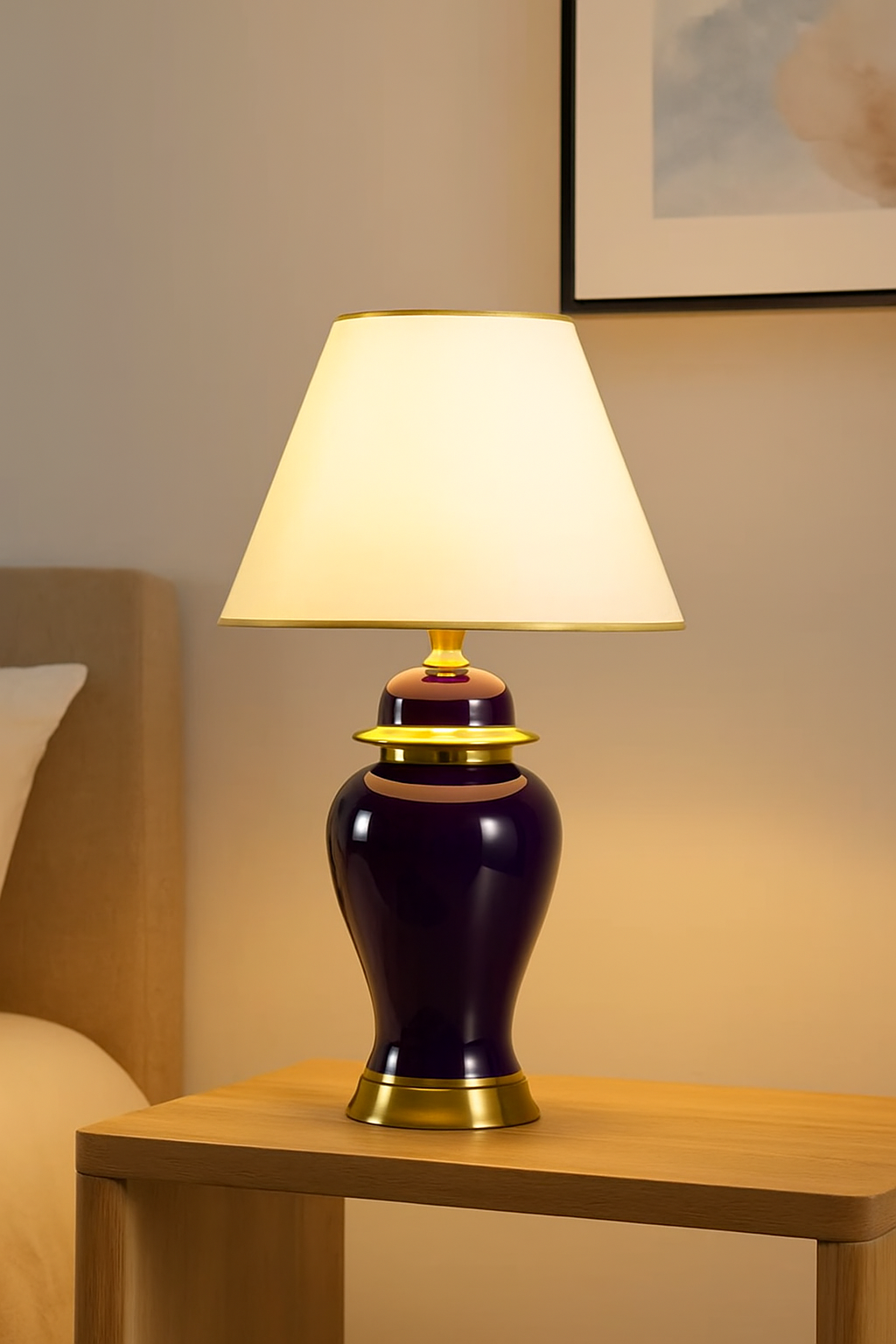 Hdc Lean Modern Purple Ceramic Nightstand Lamp With High-quality Fabric Lampshade