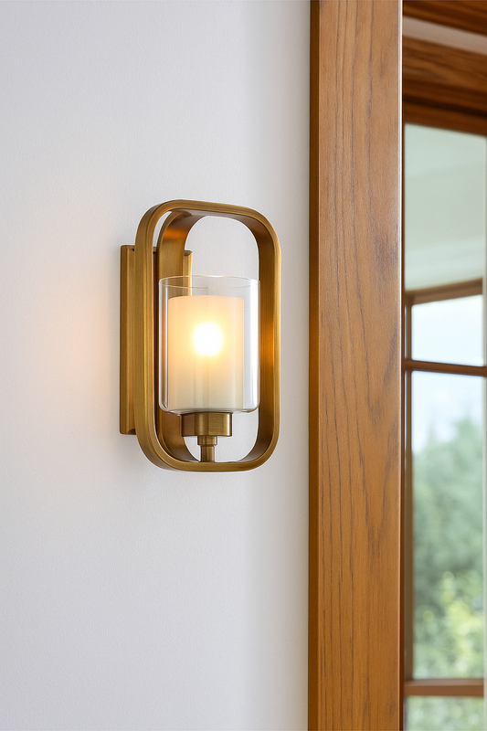 HDC Gold Metal Cage Body Antique Brass Cylinder Glass Wall Light