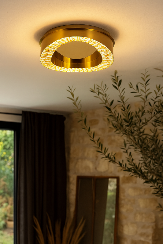 HDC Luxury Crystal Rim LED Ceiling Light – Modern Gold Flush Mount for Living Rooms, Bedrooms & Hallways