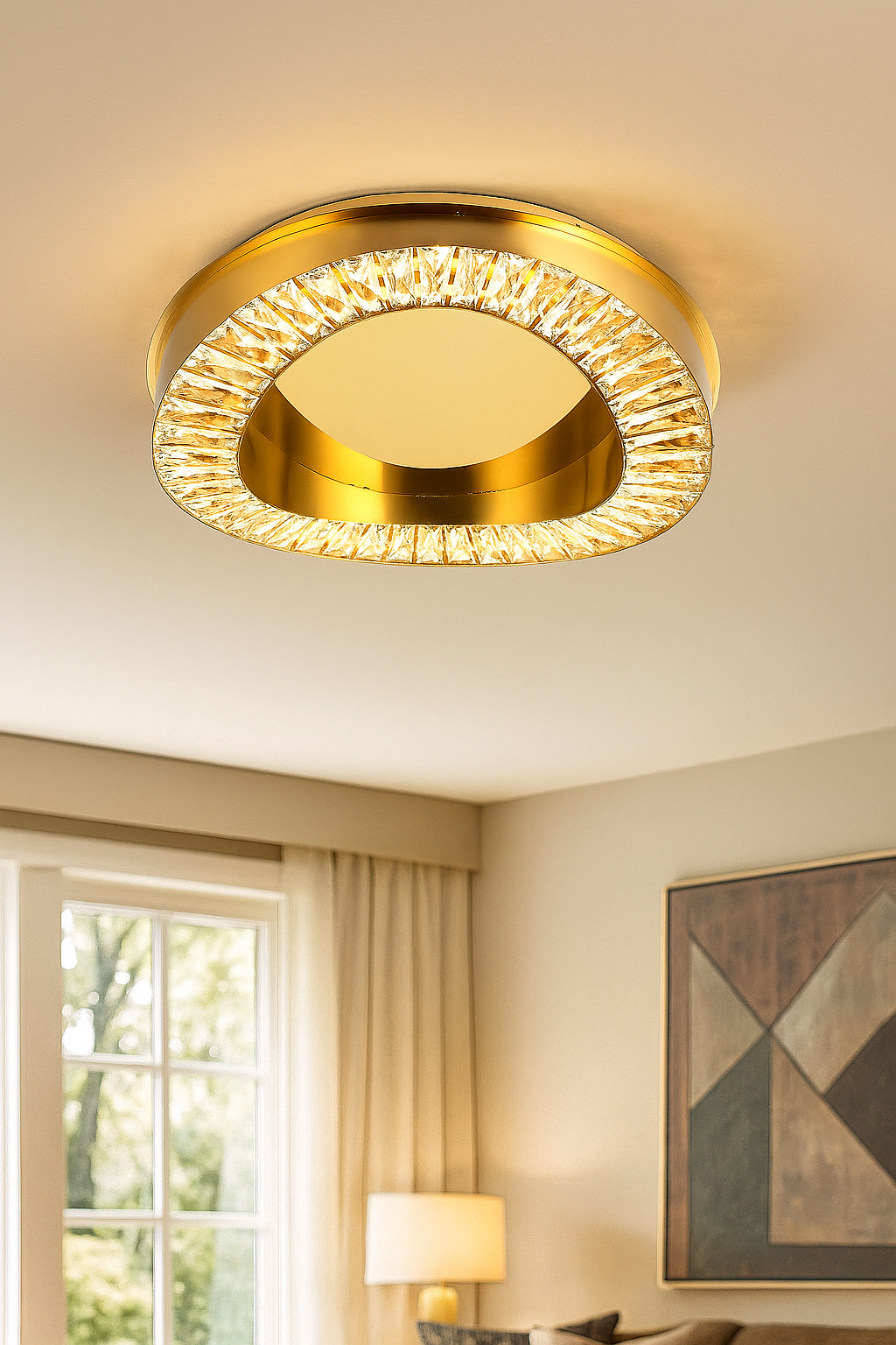 HDC Luxury Crystal Rim LED Ceiling Light – Modern Gold Flush Mount for Living Rooms, Bedrooms & Hallways