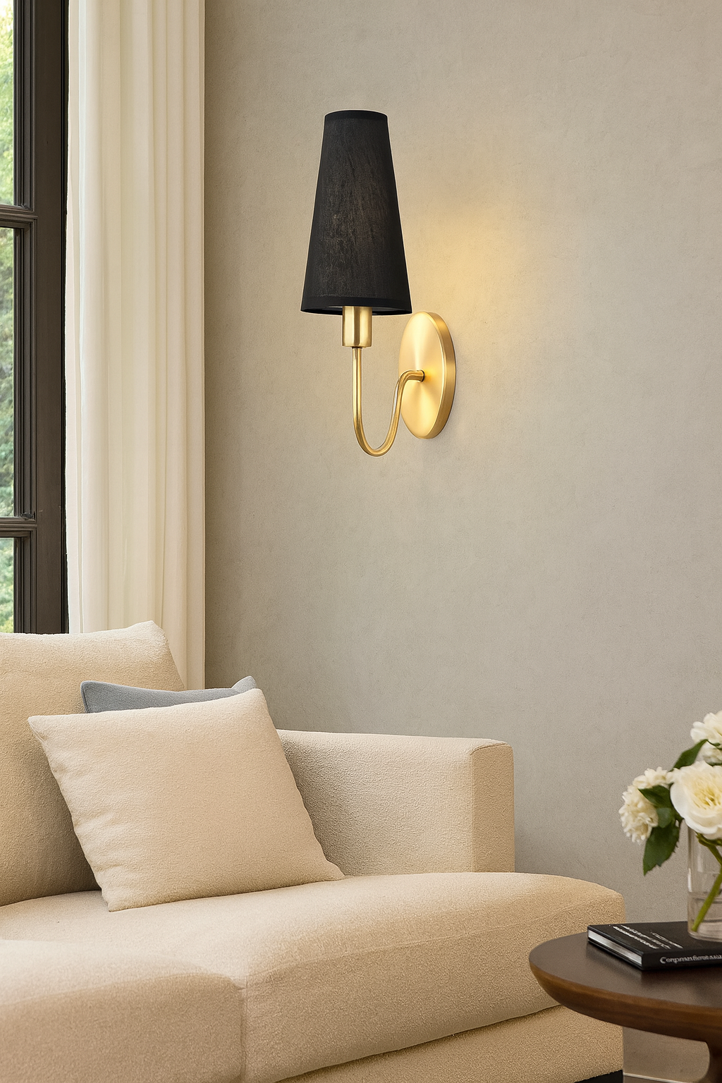 Ojaro Black & White Gold-Plated Fabric Shade Wall Light