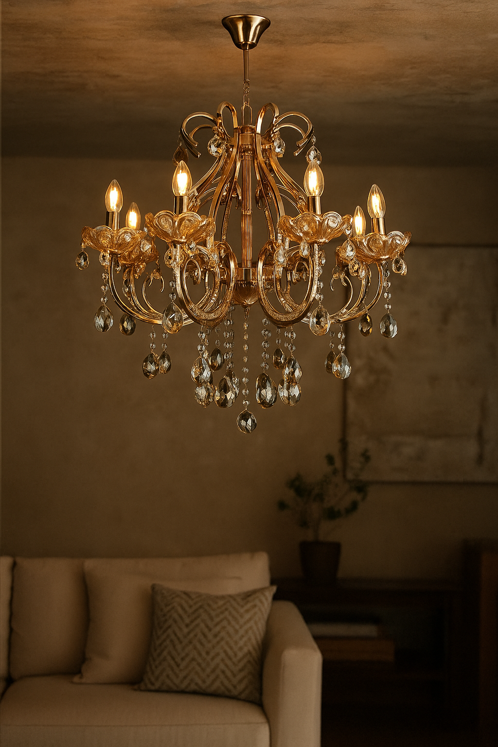 HDC 5 Lights Regal Crystal Cascade Metal Italian Chandelier For Living Room