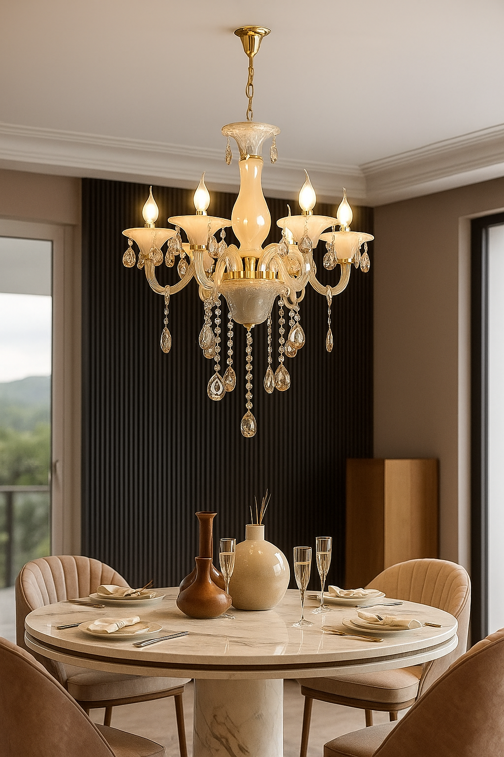 HDC 6 Lights Luminous Pearl Glass Italian Chandelier For Living Room