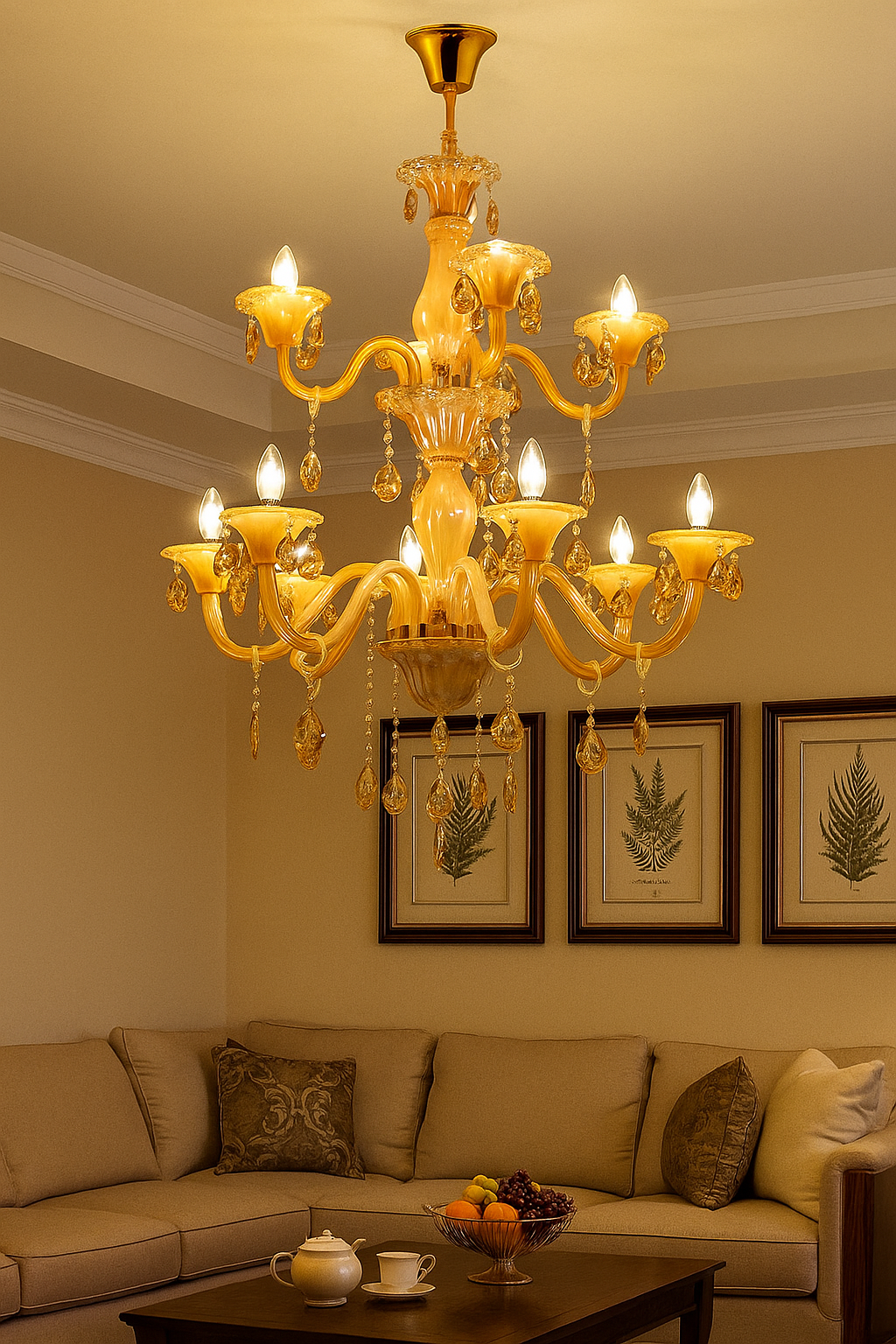 HDC 12 Lights Regal Amber Glass Crown Italian Chandelier For Living Room