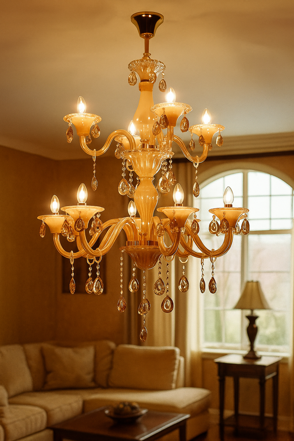 HDC 12 Lights Regal Amber Glass Crown Italian Chandelier For Living Room