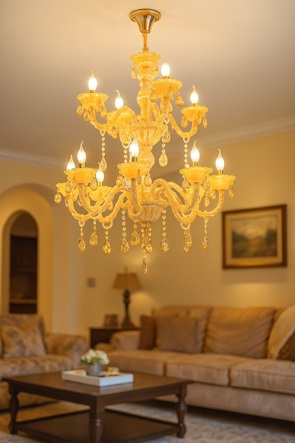 HDC 12-Light Glass Royal Grandeur Crystal Chandelier For Living Room