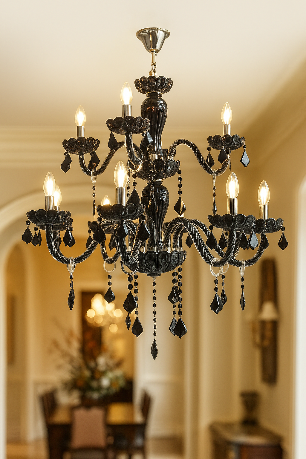 HDC 12-Light Black Glass Crystal Midnight Royale Italian Chandelier