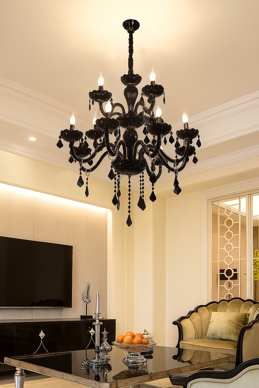 HDC 12-Light Black Glass Crystal Midnight Royale Italian Chandelier