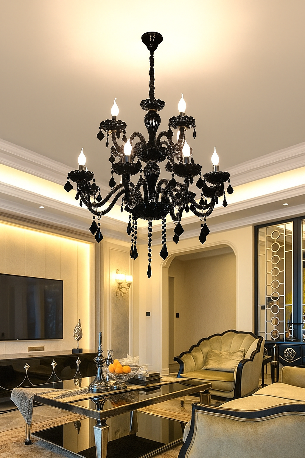 HDC 12-Light Black Glass Crystal Midnight Royale Italian Chandelier