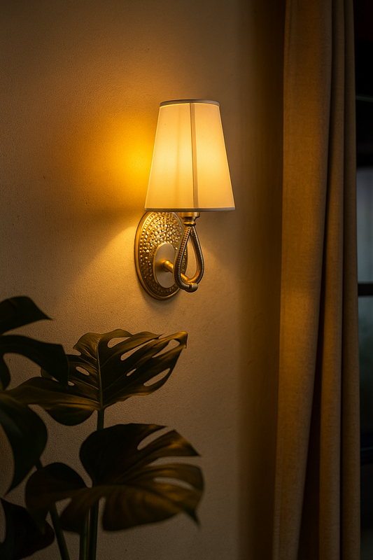 HDC Classic Luxe Wall Lamp with Textured Gold Base & White Fabric Shade