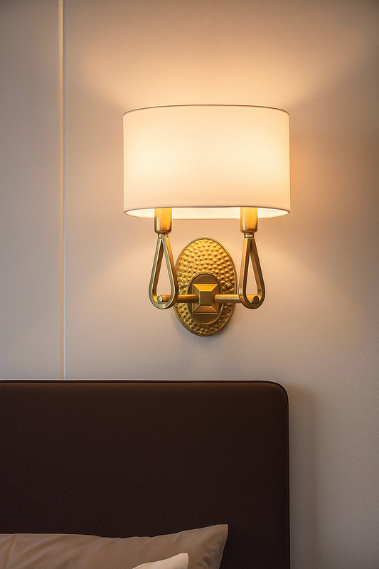 HDC Dual Glow Classic Gold Wall Lamp with White Fabric Shade