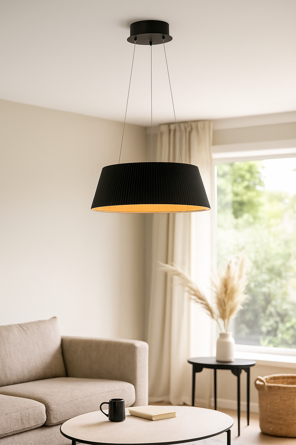 HDC WoodLine Modern Drum Pendant Light (Black & Natural Grain Interior)