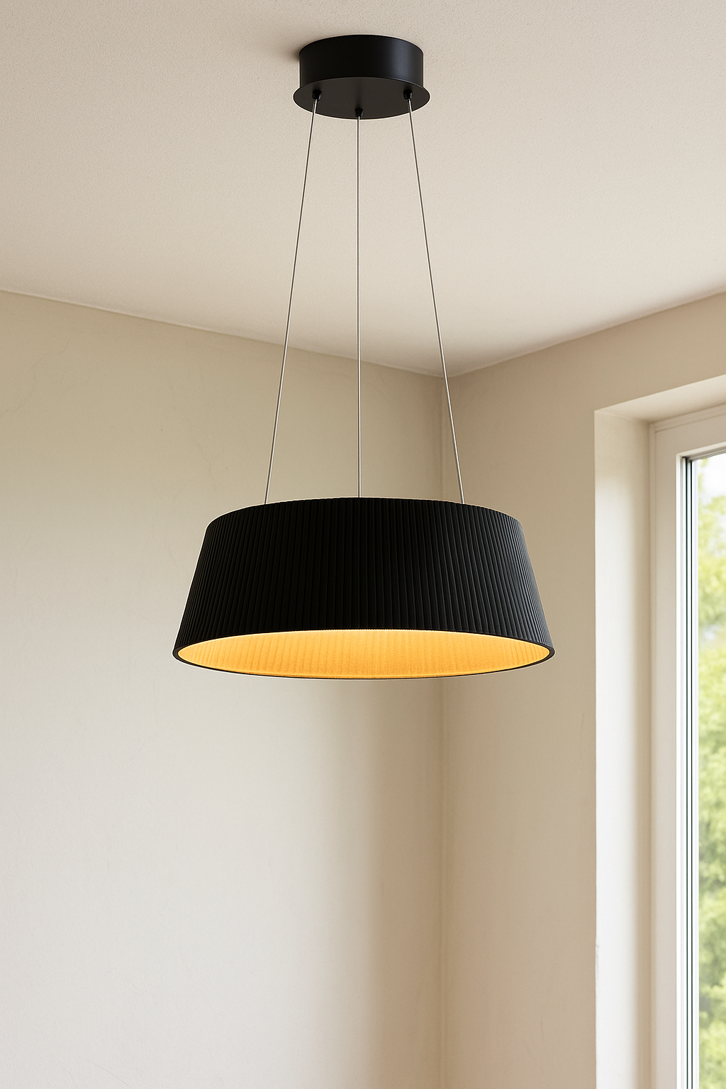 HDC WoodLine Modern Drum Pendant Light (Black & Natural Grain Interior)