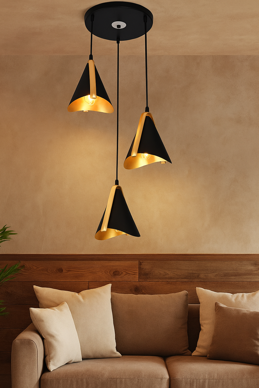HDC Black & Gold Iron Modern Tri-Cone Pendant Light For Living Room