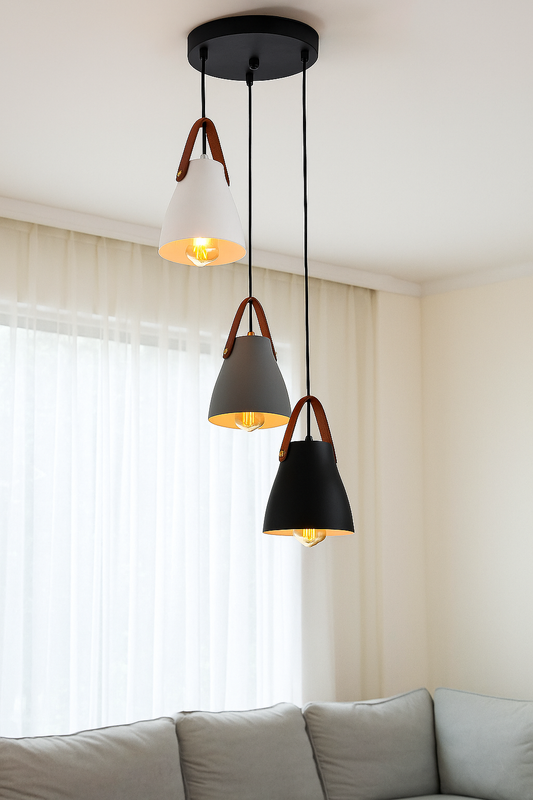 HDC 3-Head Leather Strap Modern Nordic Pendant Light For Living Room