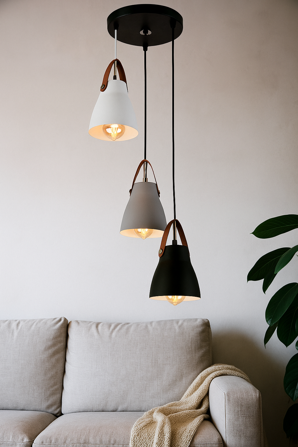HDC 3-Head Leather Strap Modern Nordic Pendant Light For Living Room