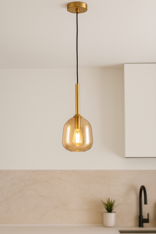 HDC Modern Amber Glass Pendant Light with Gold Accents For Living Room