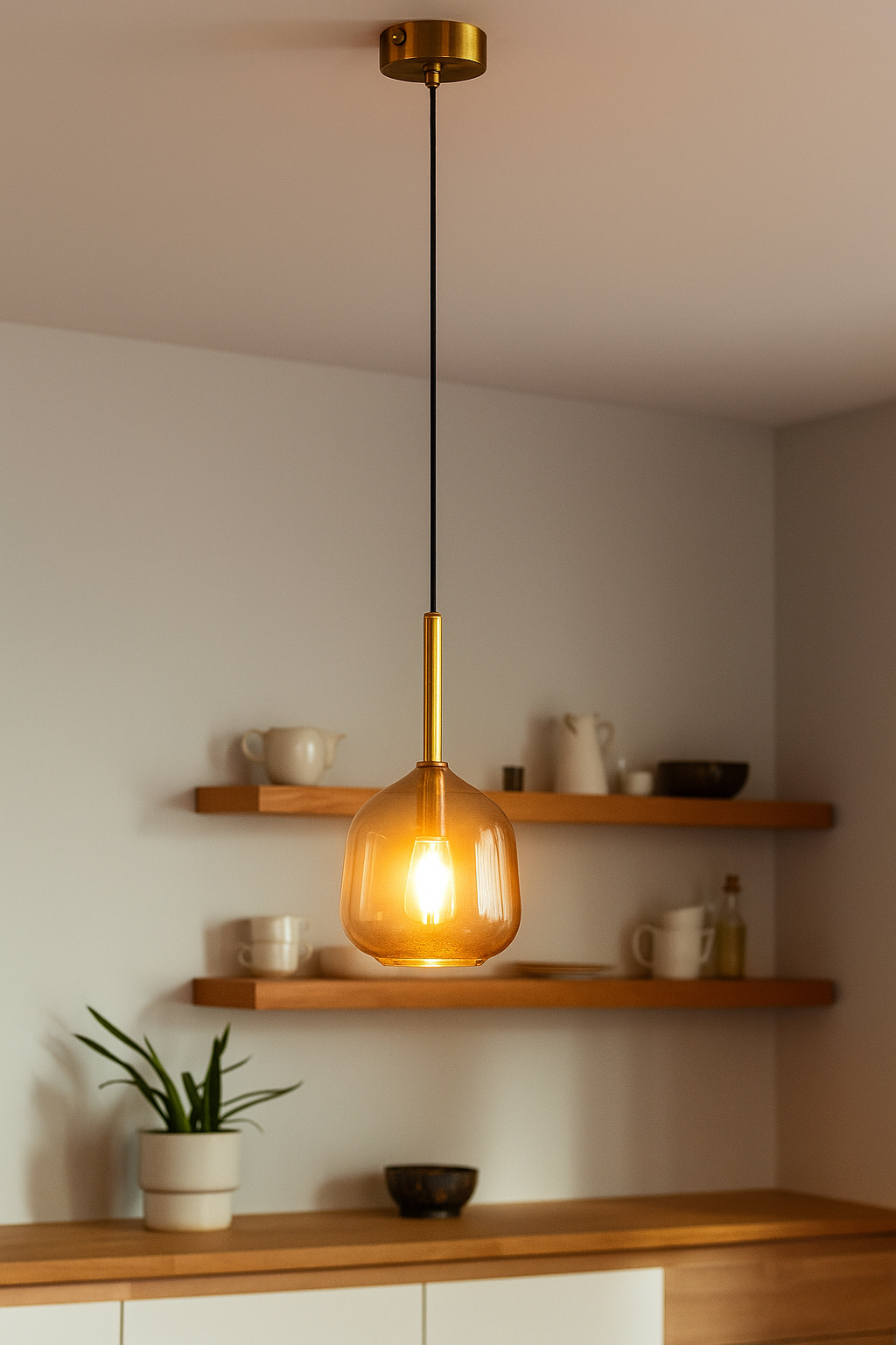 HDC Modern Amber Glass Pendant Light with Gold Accents For Living Room