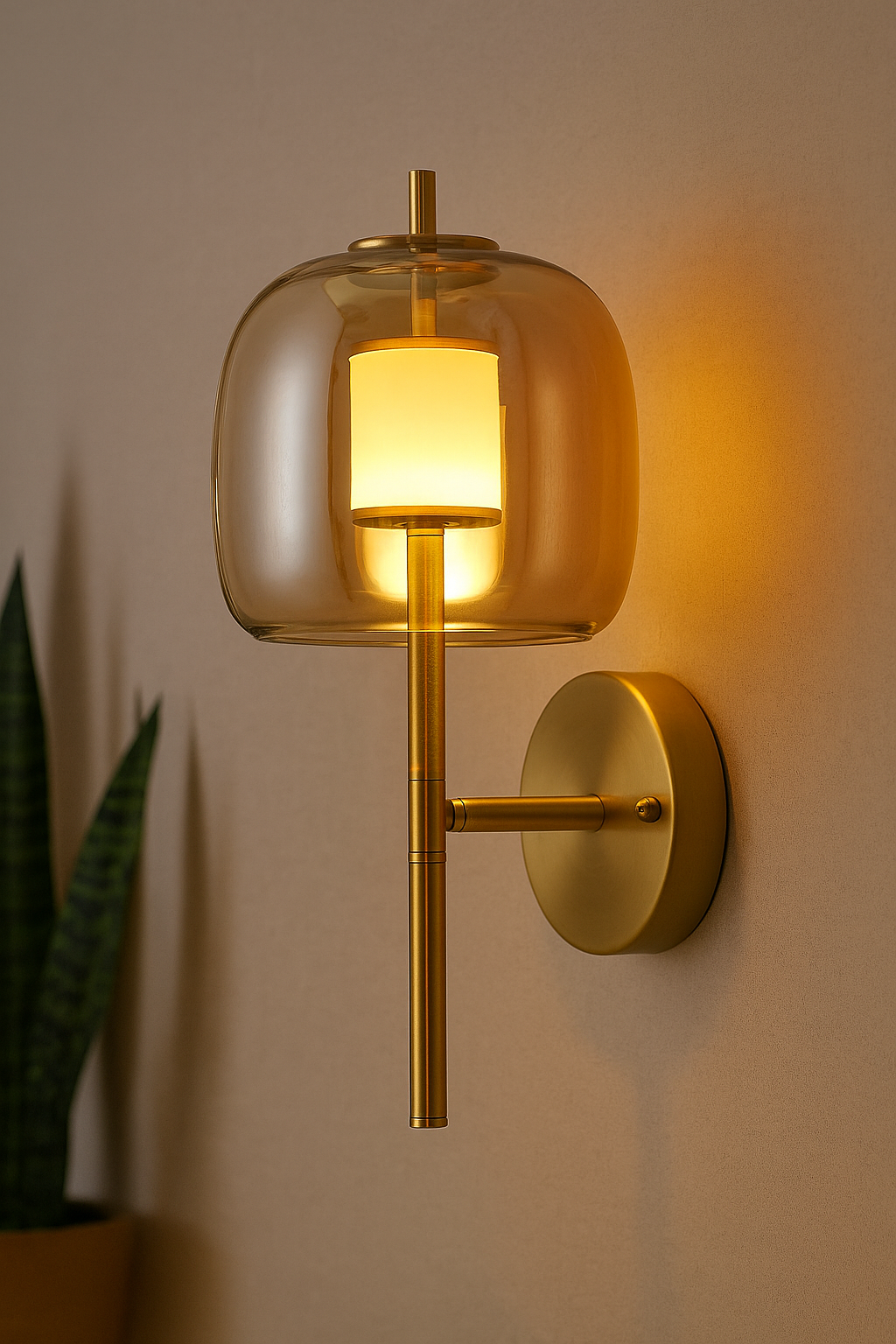 Hdc Amber/Smoke Glass Wall Light Brass Gold Metal Bedroom Living Room Wall Light - Tricolor