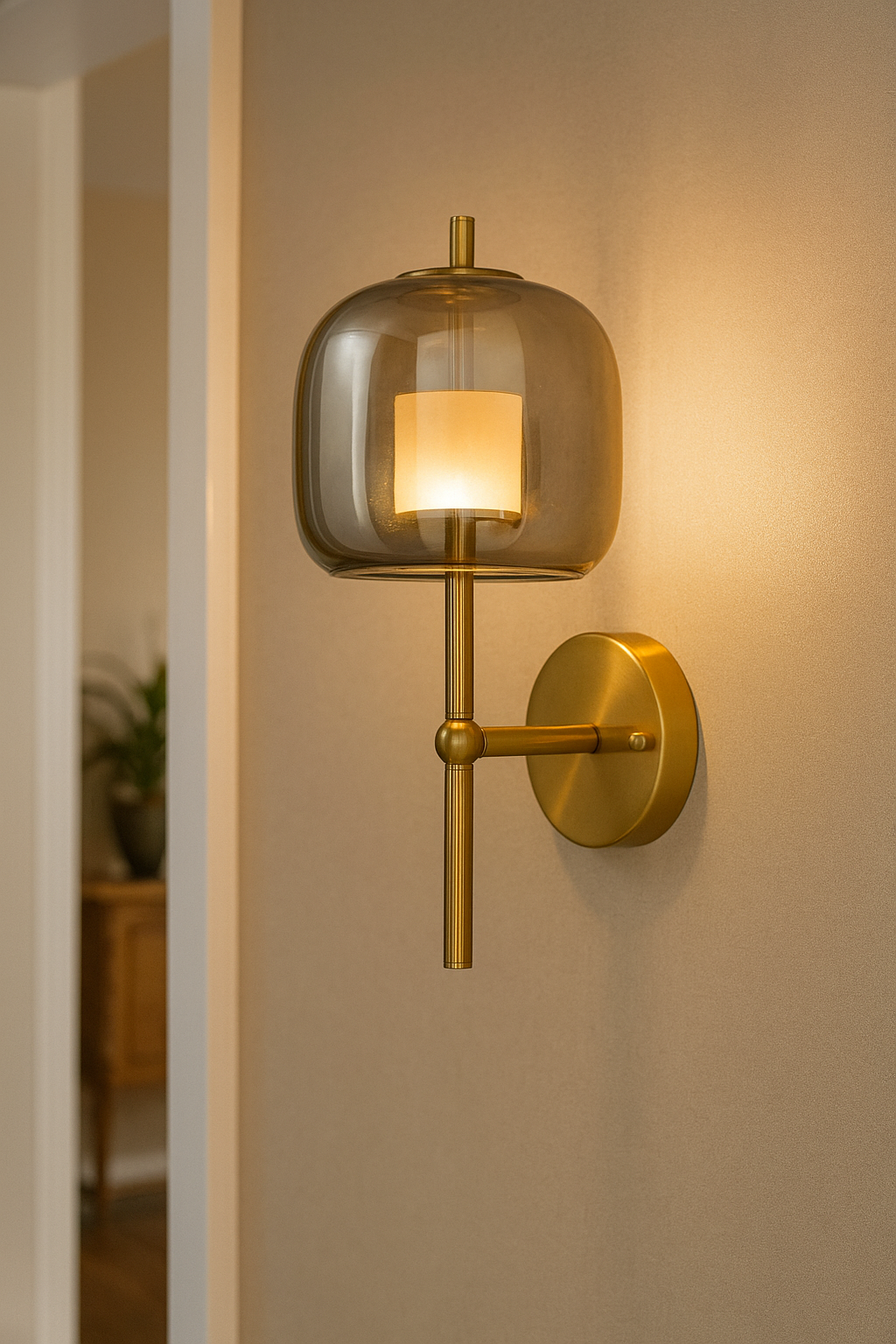 Hdc Amber/Smoke Glass Wall Light Brass Gold Metal Bedroom Living Room Wall Light - Tricolor