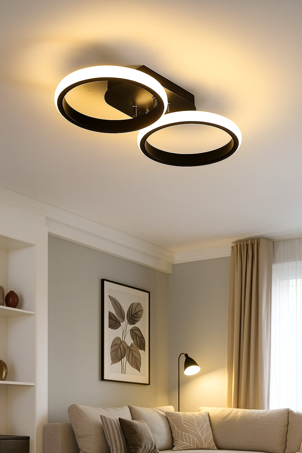 Hdc Modern Dual Ring LED Sleek Black Flush Mount Ceiling Light for Living Room, Bedroom & Office