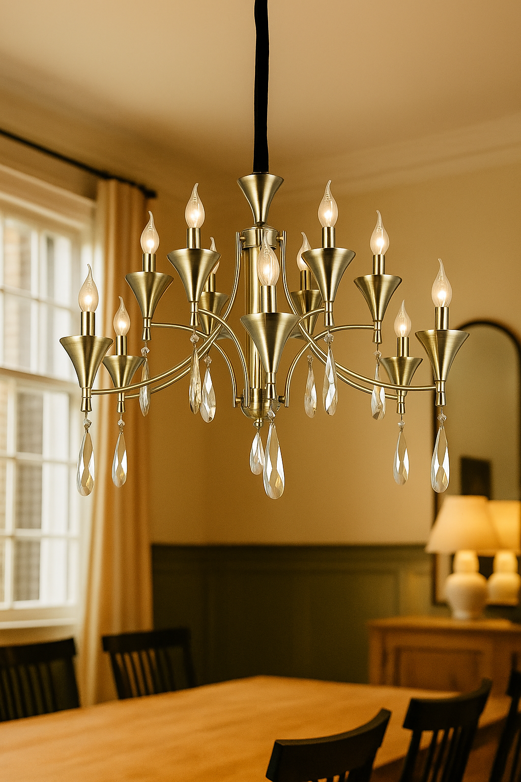 HDC Classic Luxe Fluted-Brass Crystal Drop 12-Head Chandelier For Living Room