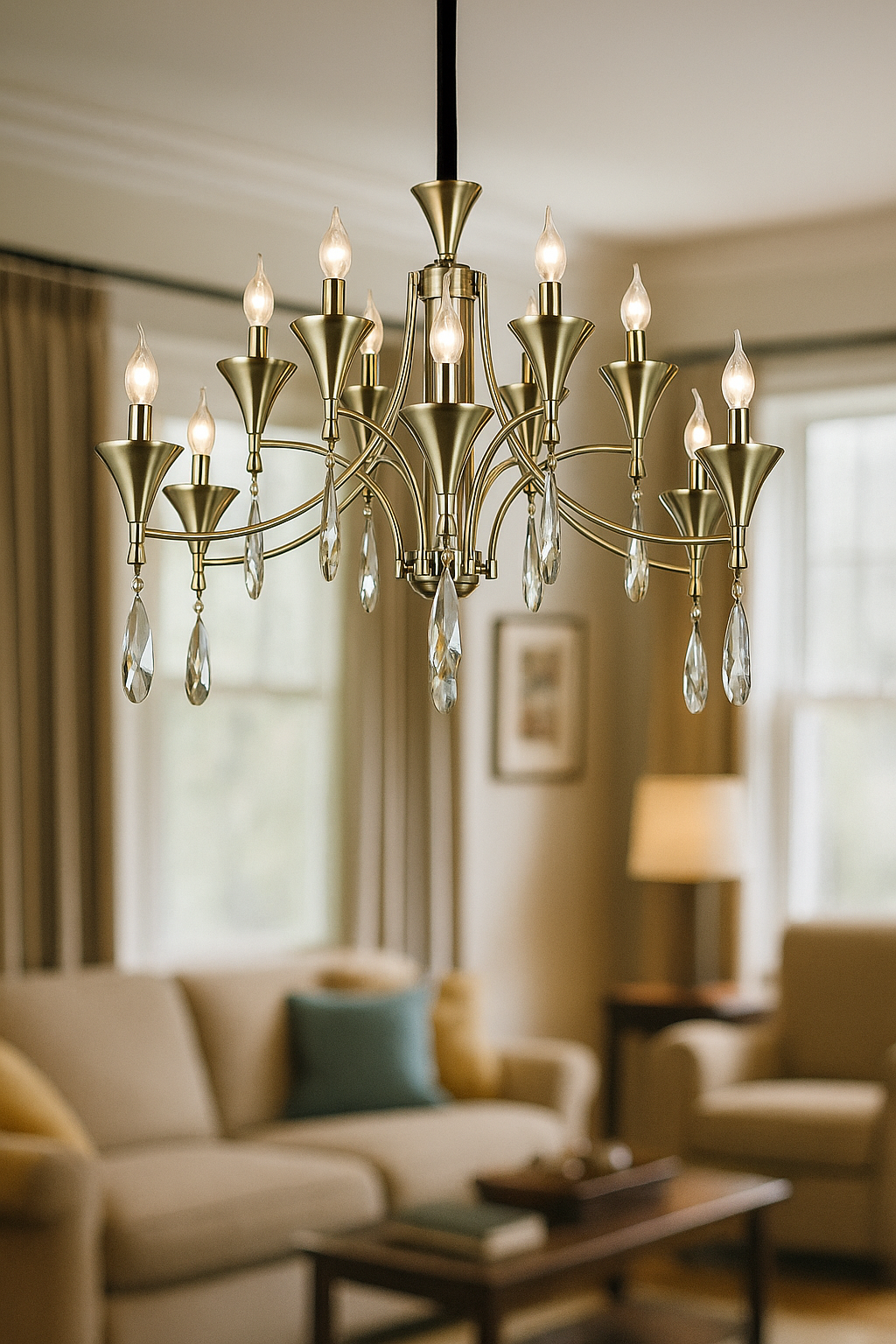 HDC Classic Luxe Fluted-Brass Crystal Drop 12-Head Chandelier For Livi