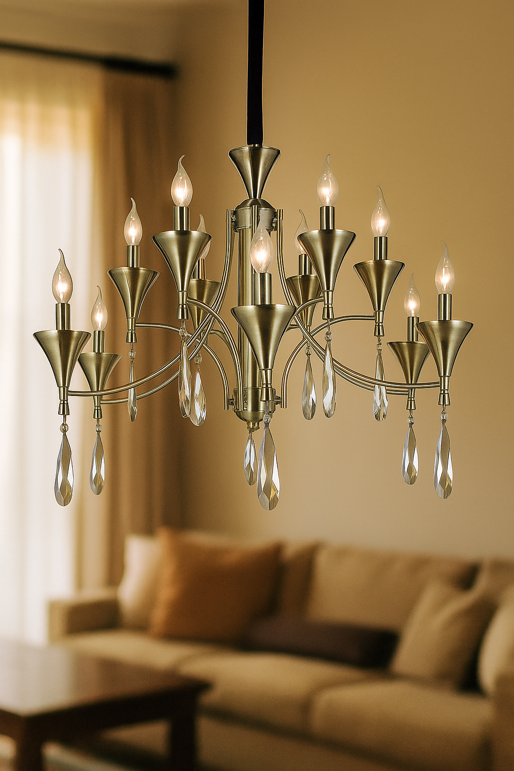 HDC Classic Luxe Fluted-Brass Crystal Drop 12-Head Chandelier For Livi