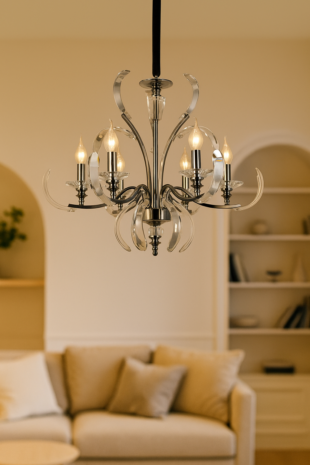 HDC Crystal Arc Noir Premium 6-Head Black Pearl Chandelier