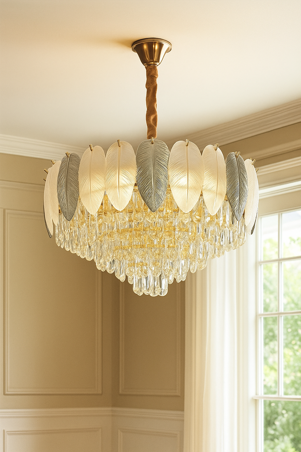 Hdc Feather Glass Crystal Gold Metal Led Chandelier Hanging Suspension Lamp - Tricolor