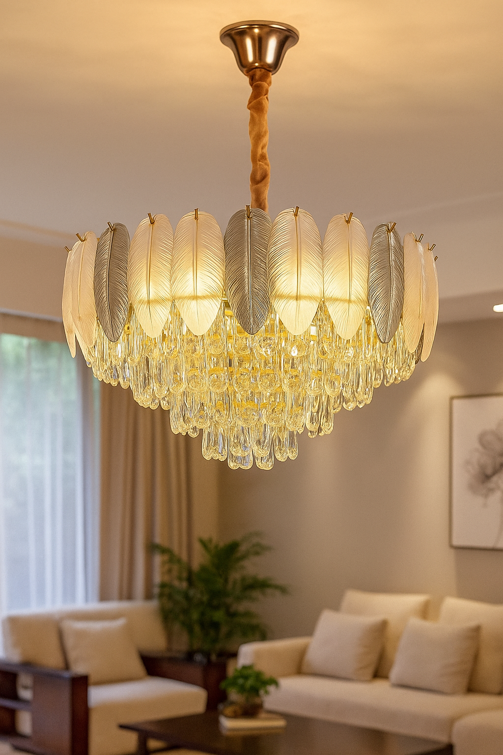 Hdc Feather Glass Crystal Gold Metal Led Chandelier Hanging Suspension Lamp - Tricolor