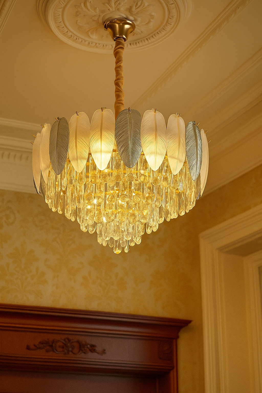 Hdc Feather Glass Crystal Gold Metal Led Chandelier Hanging Suspension Lamp - Tricolor